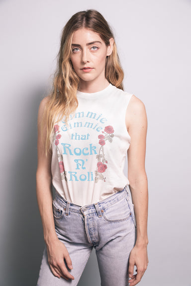 Womens 80's style Rock FEATHER HEARTS gimmie Retro Graphic tank vintage white